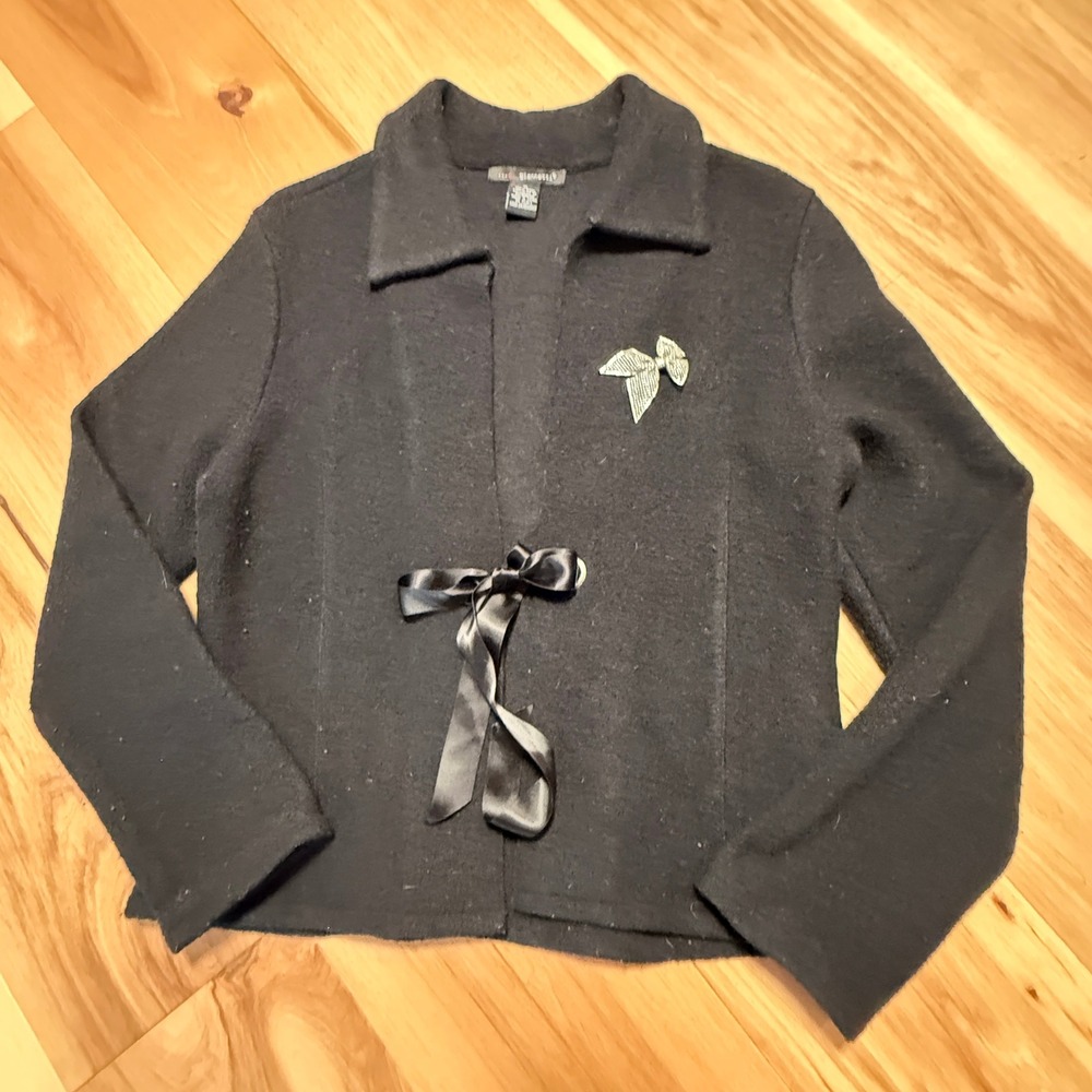 A. Giannetti Wool Cardigan Women M Black Ribbon Tie Silver Bow Pin Long Sleeve